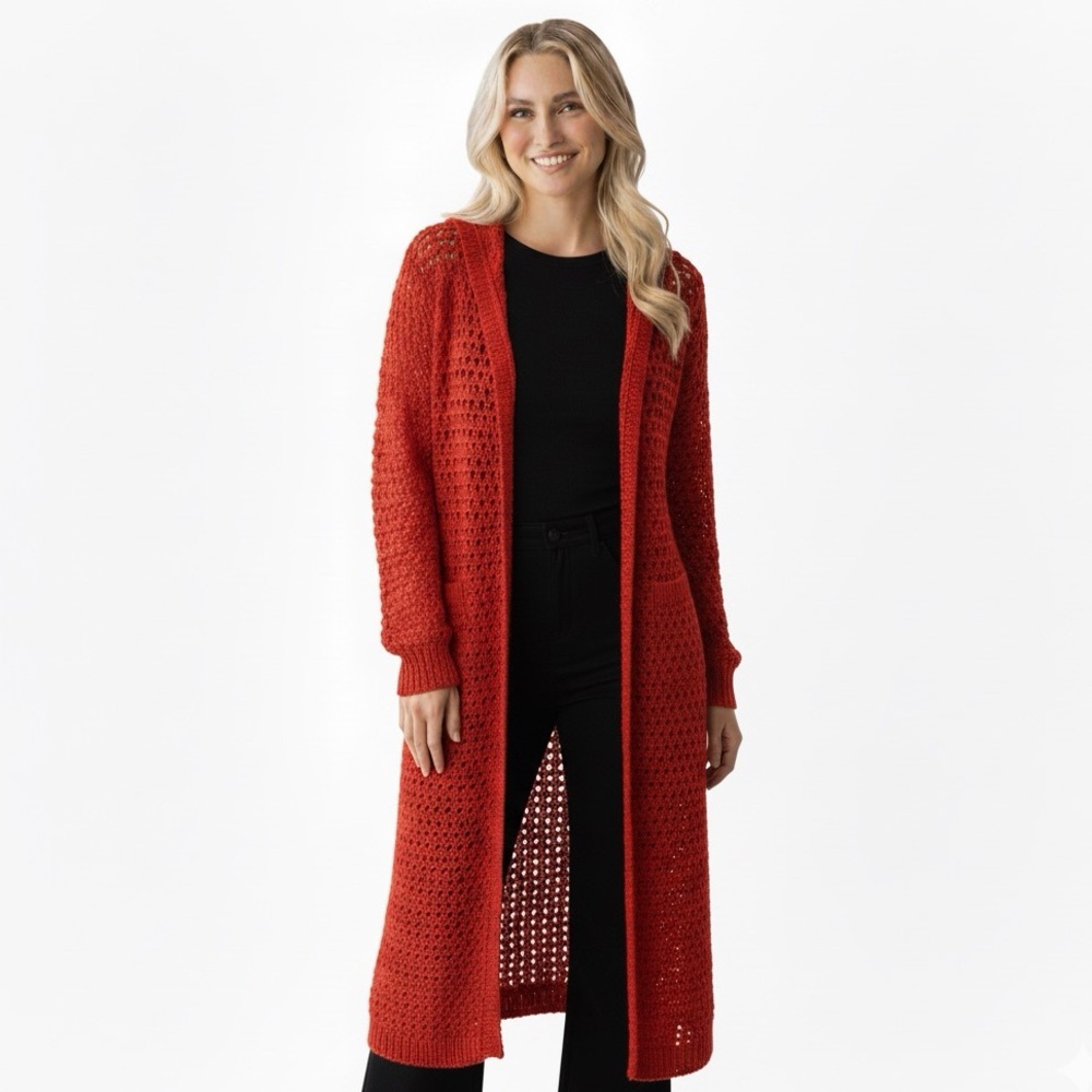 World Republic NEW Y2K Wool Angora Open Knit Red Long Cardigan Sweater Crochet M